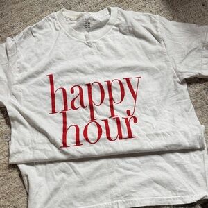 White T-Shirt with Red 'Happy Hour' Print, XS